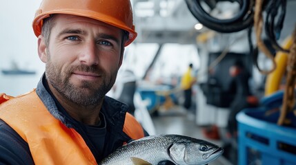 A proud fisherman in an orange helmet and vest displays a fresh catch of fish aboard a boat, showcasing both fishing skill and the rewards of maritime labor.