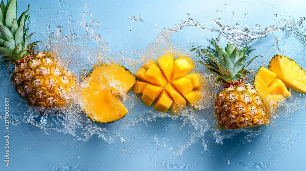 Poster vibrant scene of three fresh pineapples splashing into crystal clear water creating dynamic ripples 