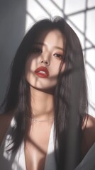 Fototapeta premium A cinematic portrait of a person with long hair and natural lighting, creating dramatic shadows. The mood is intense and captivating.