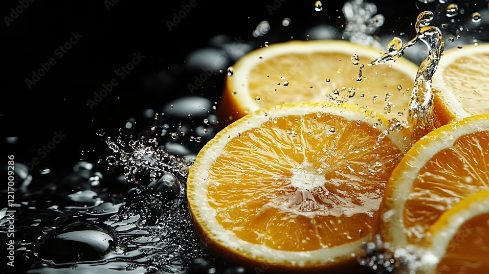Poster vibrant oranges splashing into clear water creating dynamic ripples and bubbles under bright light c
