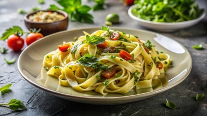 Minimalist Food Photography: Elegant Plate of Pasta with Herbs &ndash; Stock Image