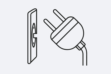 Two prong electric plug socket for electric instrument plug with socket board, two prong socket plug line and two ping plugs vector illustrations