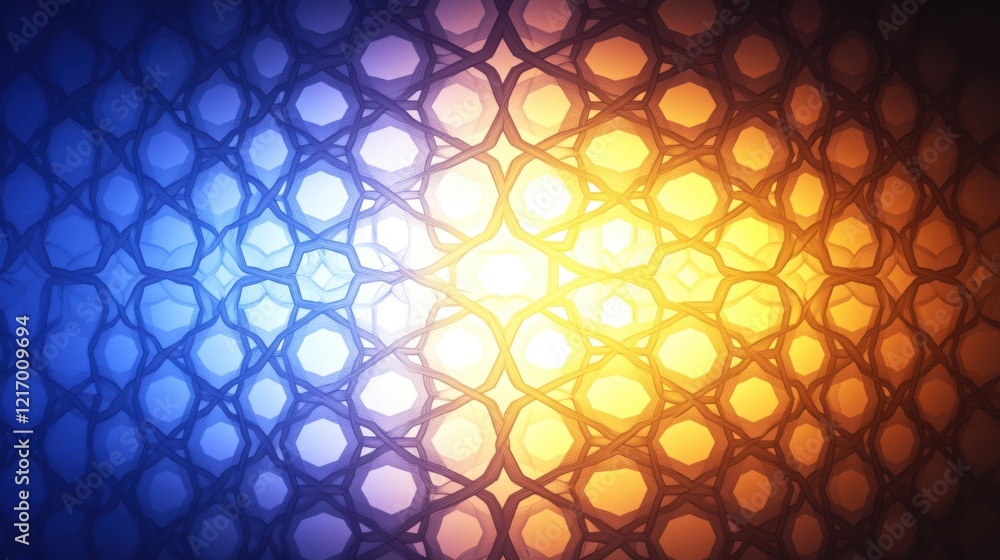 Poster abstract geometric pattern featuring vibrant blue and orange shades with intricate web-like designs 