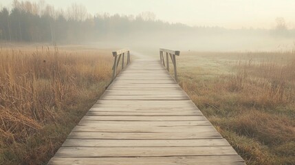 Fototapeta premium Serene wooden walkway leading into a misty landscape at dawn, surrounded by tall grass and trees