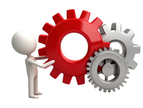 Isolated Man Connecting Red and Silver Gears