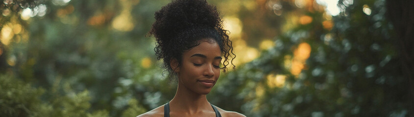 Black Woman relaxing outdoors in nature with closed eyes enjoying the fresh air