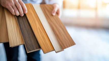 A person presenting various flooring material samples, illustrating choices available for home or office design, emphasizing aesthetics and personal preferences in renovation.