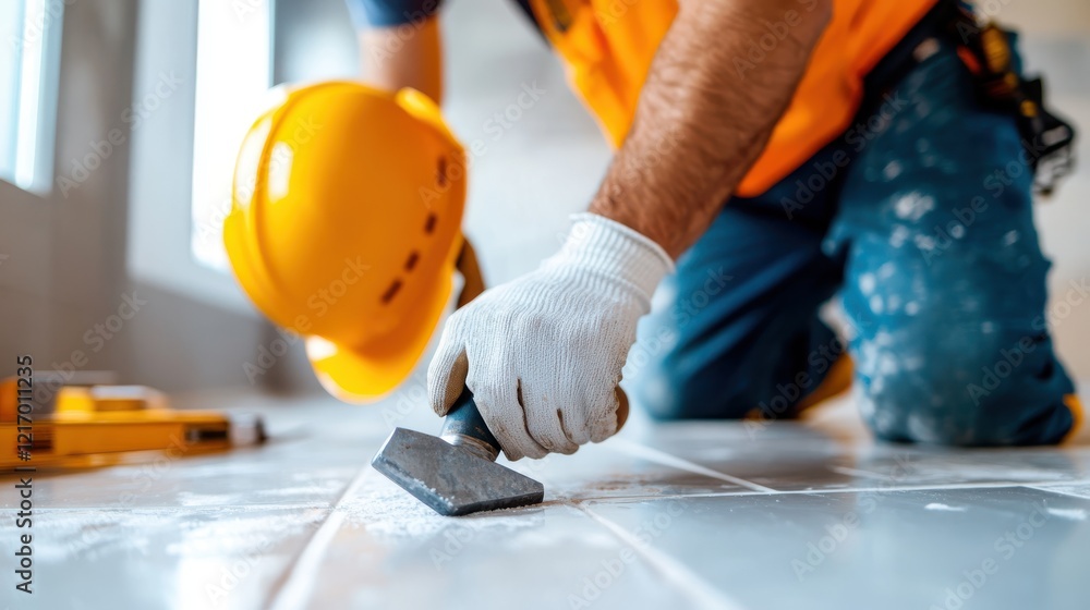 Aufkleber a dedicated laborer in an orange vest kneels on the floor while installing tiles, demonstrating comm