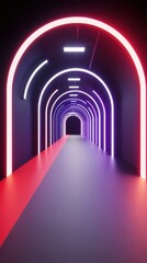 A futuristic corridor with illuminated neon arches in vibrant red and blue hues, creating a captivating tunnel effect.