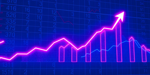 Neon pink graph line, rising trend, glowing arrow, vibrant blue background, digital finance visualization, abstract economic chart, futuristic data display, bright luminous statistics, dynamic market 