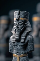 A stone bust of an ancient Egyptian pharaoh with intricate carvings, showcasing traditional headgear and stylized beard. The background is softly blurred.