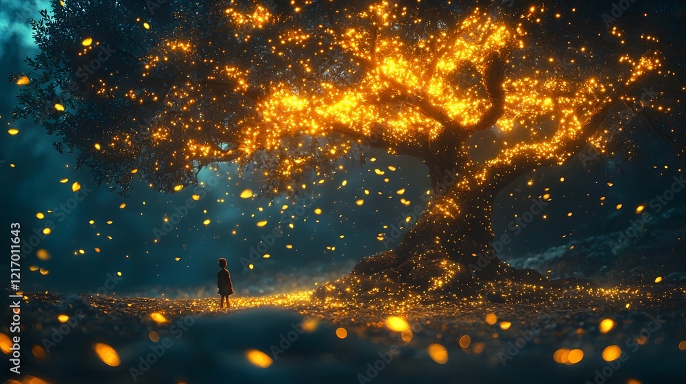Poster a magical tree transforms into a glowing firefly canopy enchanting a child in wonder