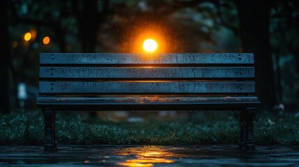 Obraz premium Rainy park bench, night light, calm