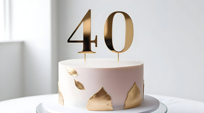 A stylish cake featuring a gold "40" topper, adorned with elegant golden leaf accents, perfect for a 40th birthday celebration.