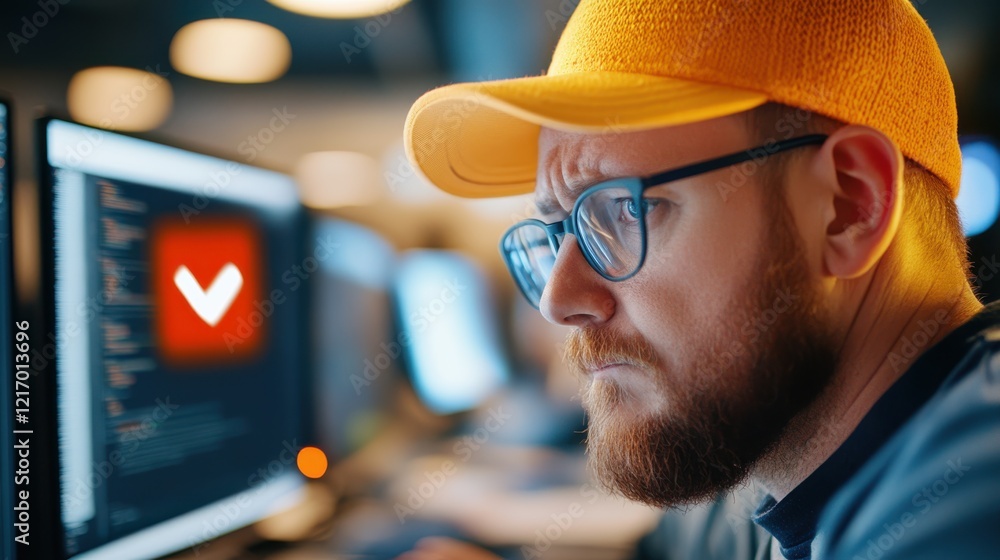 Poster a close-up of a focused individual with glasses, expressing concentration while coding at their comp