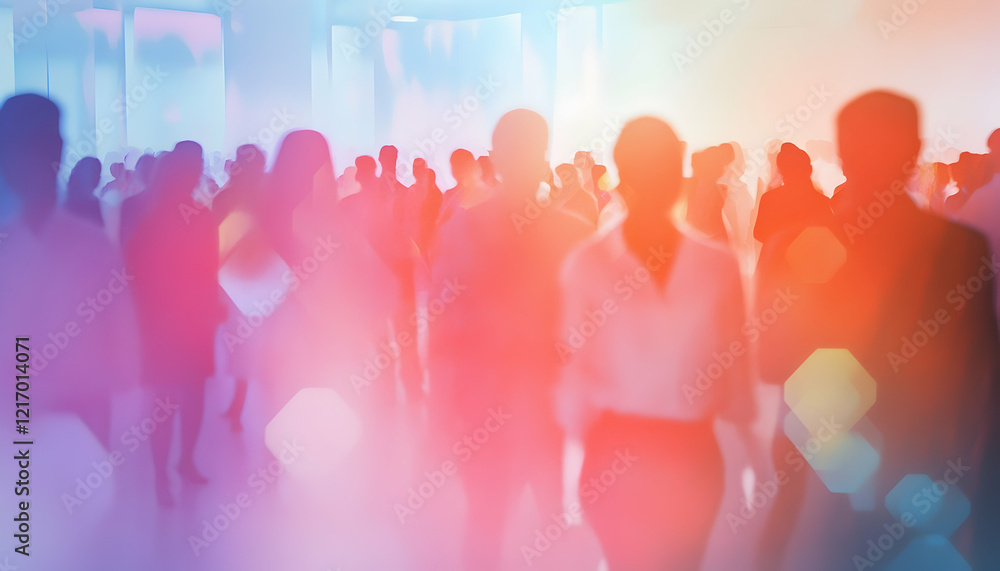 Poster corporate event with a large group of attendees, depicted in a blurred abstract background for a pro