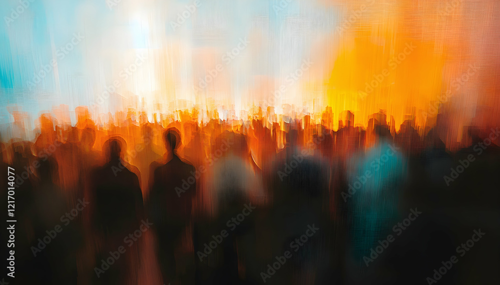 Poster corporate event with a large group of attendees, depicted in a blurred abstract background for a pro