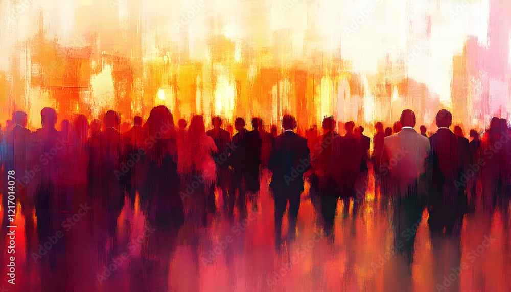 Poster corporate event with a large group of attendees, depicted in a blurred abstract background for a pro