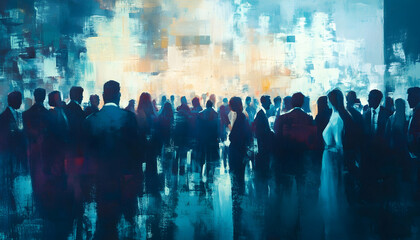 Corporate event with a large group of attendees, depicted in a blurred abstract background for a professional setting  -