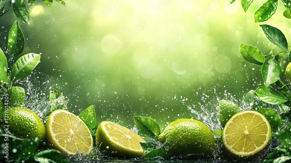 Poster vibrant fresh limes submerged in clear water with dynamic splashes creating a refreshing and energet