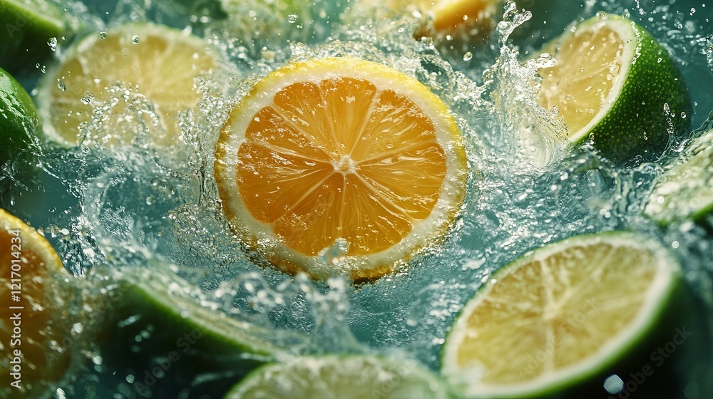 Poster refreshing close up of vibrant lemon and lime slices immersed in clear sparkling water with bubbles 