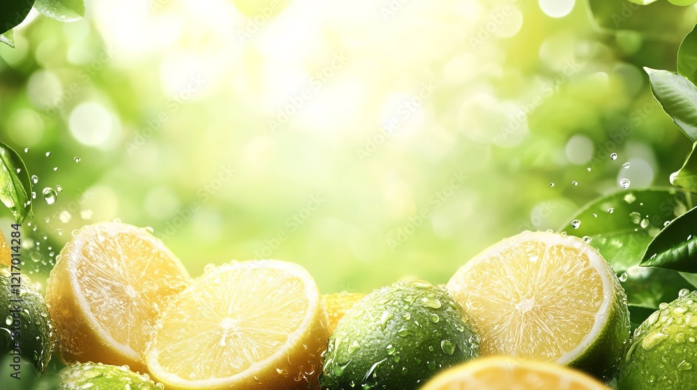 Poster vibrant fresh lemons and limes surrounded by dynamic water splash creating a refreshing and invigora