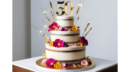 A stunning three-tiered cake adorned with vibrant flowers and a golden "50" topper, perfect for celebrating a milestone anniversary.