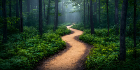Winding forest path, misty morning, nature scene, travel poster