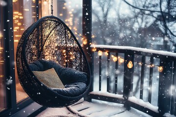 A cozy balcony with a black hanging chair, surrounded by string lights and snow falling outside