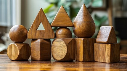 Wooden geometric shapes on table, indoor setting