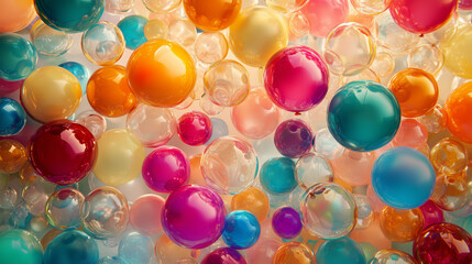 A vibrant image featuring a variety of colorful balloons floating against a neutral background. The glossy surface of the balloons reflects soft, natural light, creating a cheerful and festive mood 