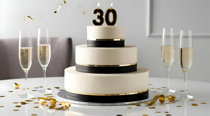 A stylish three-tier cake with "30" candles, surrounded by champagne flutes and festive decorations, perfect for a 30th birthday celebration.