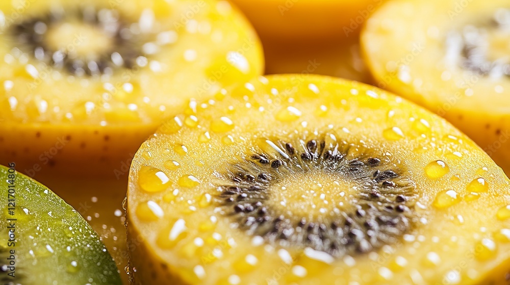 Poster close up of freshly sliced kipea fruit showcasing its vibrant colorful flesh and unique texture on a