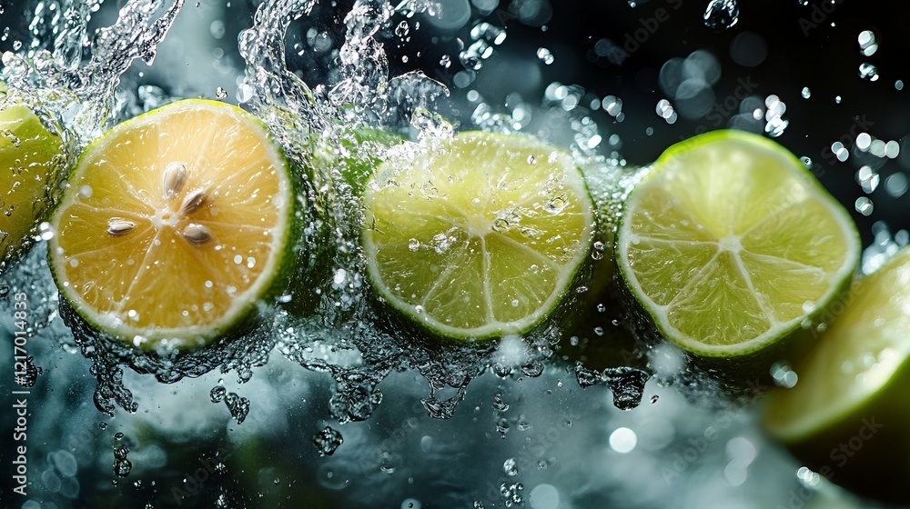 Poster vibrant fresh limes with water splashing around them creating a refreshing scene capturing the essen