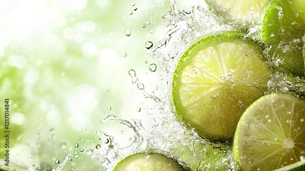 Poster fresh and vibrant limes being splashed by clear water creating a refreshing and invigorating scene t