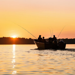 Two People Fishing On A Boat At A Stunning Sunset.