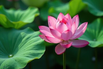 Obraz premium Large water drops on vibrant green lotus leaf, calm, leaf