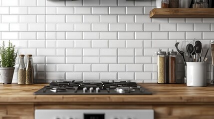 Fototapeta premium Charming Modern Kitchen Featuring a Stylish Stove Surrounded by Vibrant Potted Plants Creating a Warm and Inviting Atmosphere Perfect for Culinary Creativity and Relaxed Gatherings