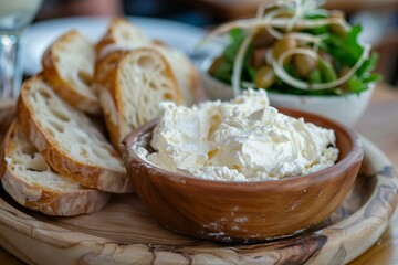 Fototapeta premium Wooden bowl of whipped feta dip served with sliced baguette and green salad with olives on wooden serving platter