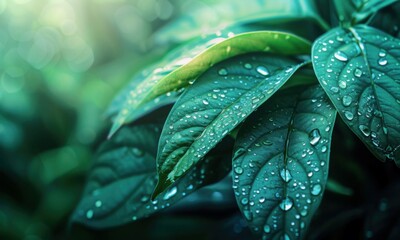 Green Leaves With Water Drops Background