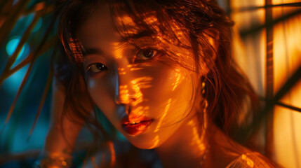 Intense gaze of a woman with dramatic lighting creating unique shadows