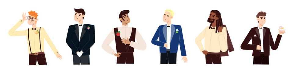 Set of Grooms at the wedding in flat style