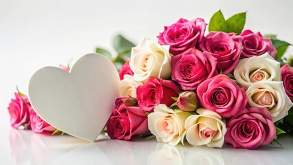 Elegant Rose Bouquet on White Background with Heart-Shaped Invitation Card , hearts, romantic,  hearts, romantic, love