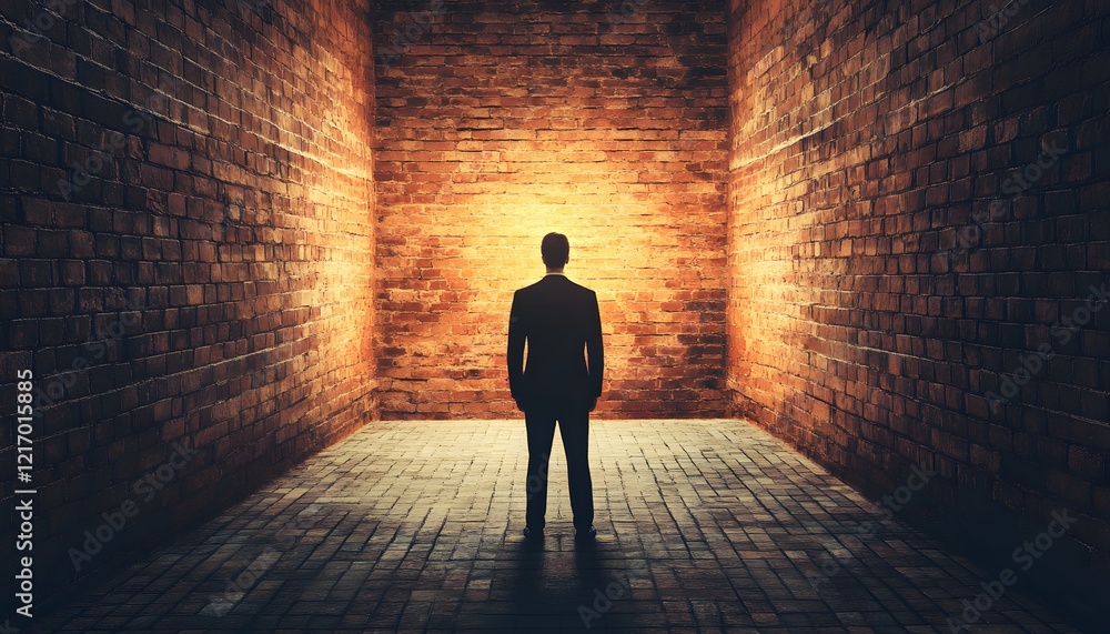 Poster a solitary figure stands in a dimly lit brick corridor, enveloped by shadows and illuminated by soft