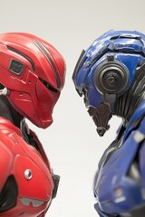 Fototapeta premium Two futuristic helmets in a face-off, one red and one blue, conveying a sense of intense rivalry and contrast against a neutral background.
