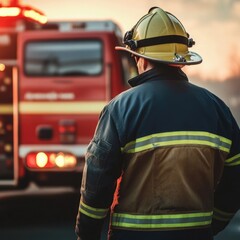 Fireman posing next to fire truck, ready for emergency response