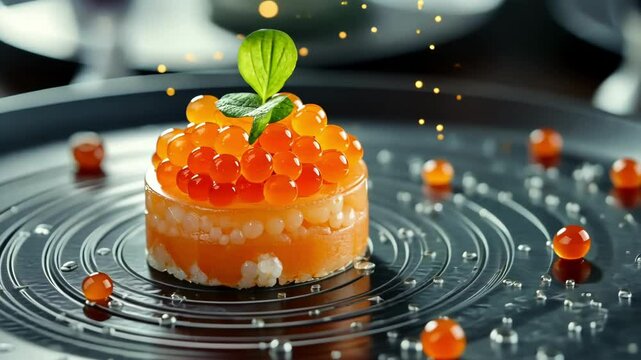 A gourmet dish of molecular cuisine with bright orange caviar and a delicate green leaf, placed on an artistic dark plate with sparkling decor. 4K video