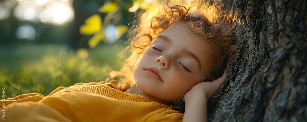 Poster sleeping child dreaming at the base of a magical tree shadow shapes create wonder