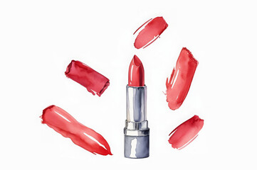 Watercolor illustration of a tube of red lipstick and smears around it on a white background.