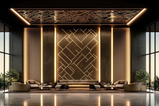 Luxurious Hotel Lobby Interior Design Modern Geometric Wall Ceiling Lighting